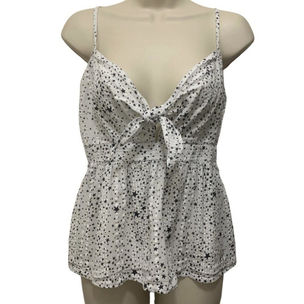 LOFT Women’s XS Black Star Print Gauze Tank Tie Front Smocked Babydoll